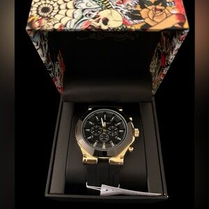 Ed Hardy Men’s Gold & Black Chronograph Watch Tattoo Style New In Box